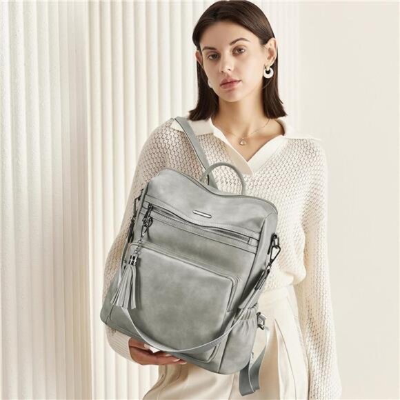 Women Backpack Vegan Leather Large Capacity Grey - Picture 2 of 7